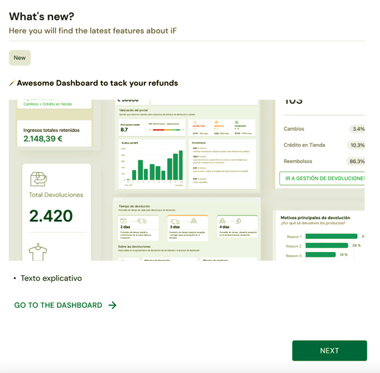 "What's new?" email announcement sent to active brands, with a visual preview of the new dashboard and a direct link to it